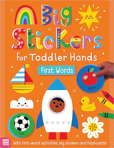 Colorful sticker book with illustrations of a rocket, apple, and sailboat.
