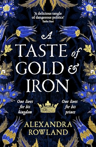 Book cover with blue and gold floral patterns, a central crown, and white text.