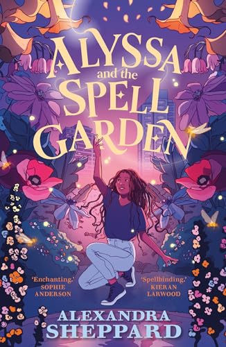 A girl crouches in a magical garden surrounded by large flowers and glowing lights.