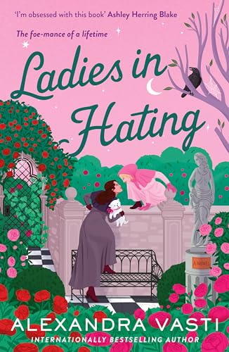 Book cover illustration with two women in a garden, pink background, and floral elements.