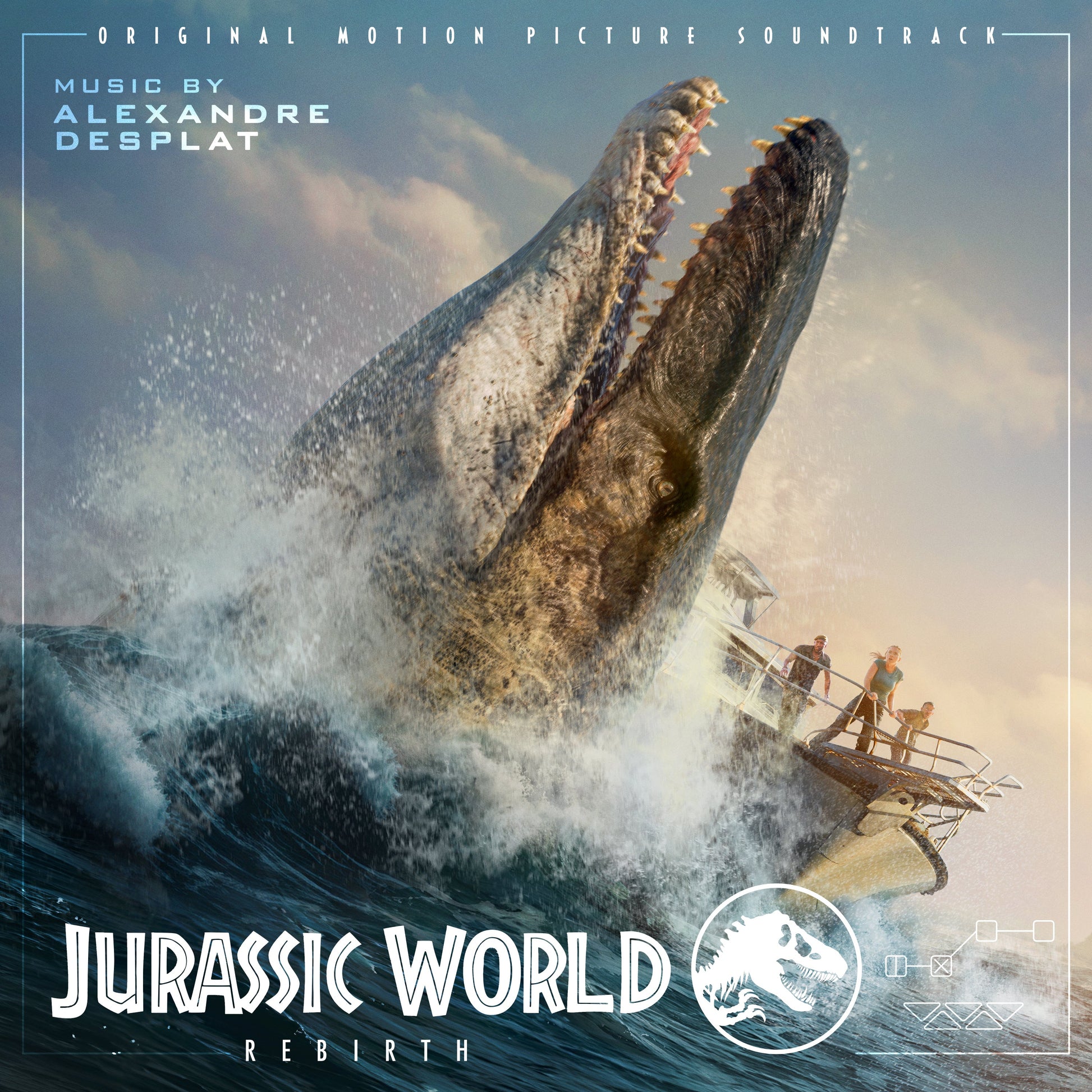 Jurassic World Rebirth soundtrack CD cover featuring a large marine reptile and boat.