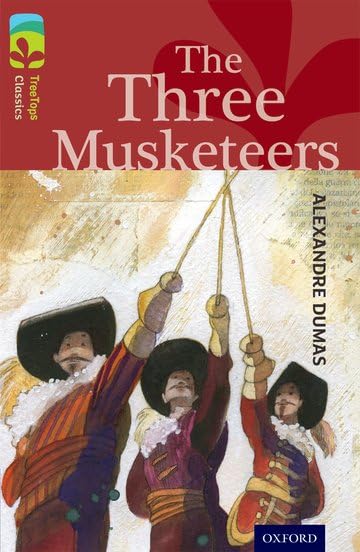 Book cover illustration of three musketeers holding their swords up together against a background.
