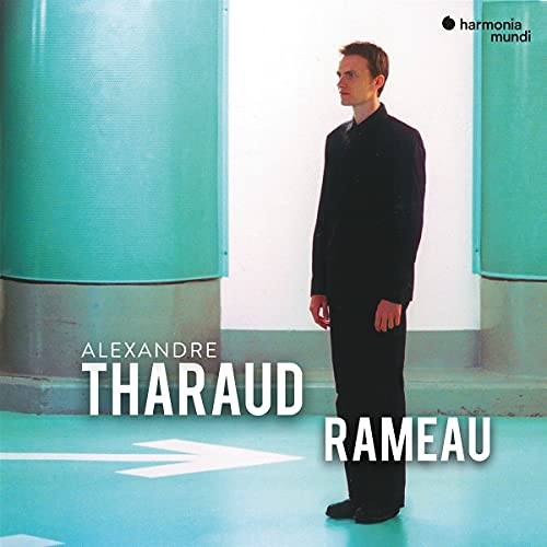 CD cover: Alexandre Tharaud in black suit, teal and gray background.