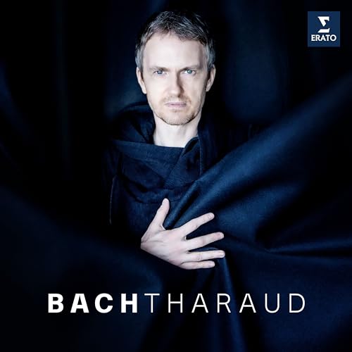 Alexandre Tharaud portrait for a Bach CD, dark blue background.