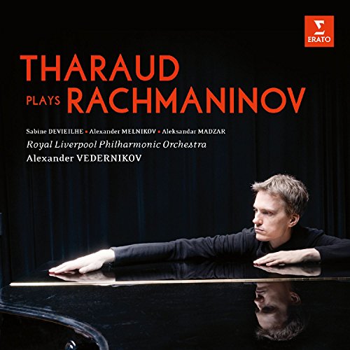 Album cover of "Tharaud Plays Rachmaninov" featuring a pianist at a grand piano.