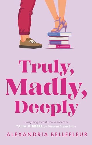 Book cover with stacked books and legs in sneakers and heels.