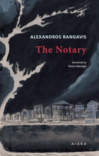 Book cover: “The Notary” by Alexandros Rangavis, with a dark, watercolor landscape.
