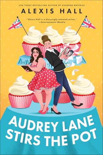 Book cover with two women, cupcakes, and British flags on yellow background.