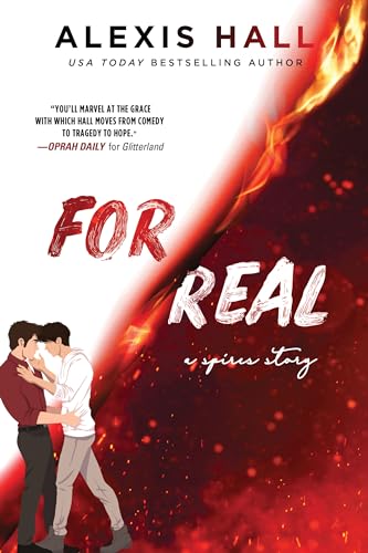 Book cover: “For Real” with couple embracing against fiery, dark background.