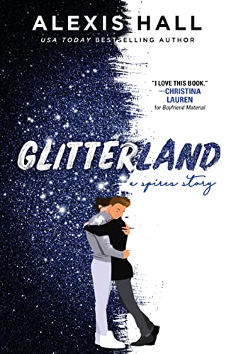 Book cover: "Glitterland" with a couple embracing against a starry background.