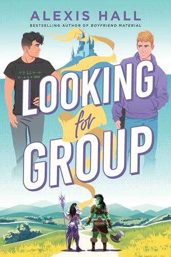 Book cover featuring four characters—two men and two fantasy figures—in a landscape.