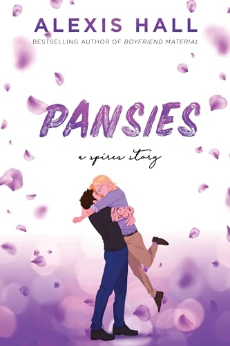 Book cover depicting two men embracing amidst falling purple petals.