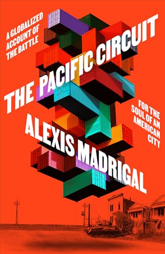 Book cover with stacked shipping containers over a city landscape.
