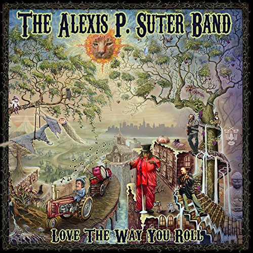 Surreal album cover art featuring band members in a whimsical, detailed landscape with a sun.