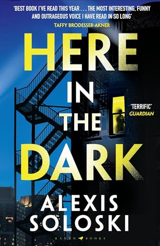Book cover: "Here in the Dark" with a fire escape and window image.