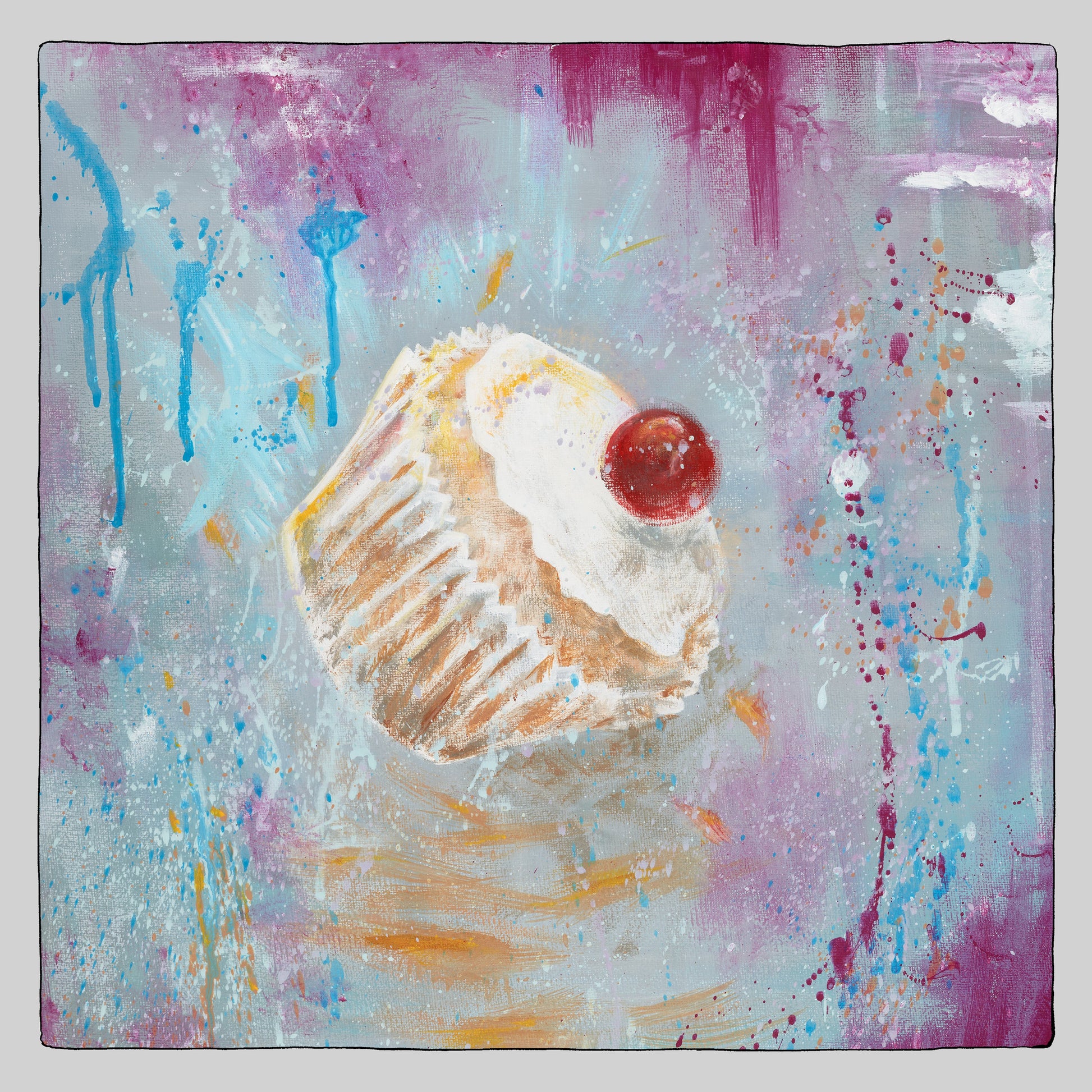 Painted image of a cupcake with a cherry on a splattered background.