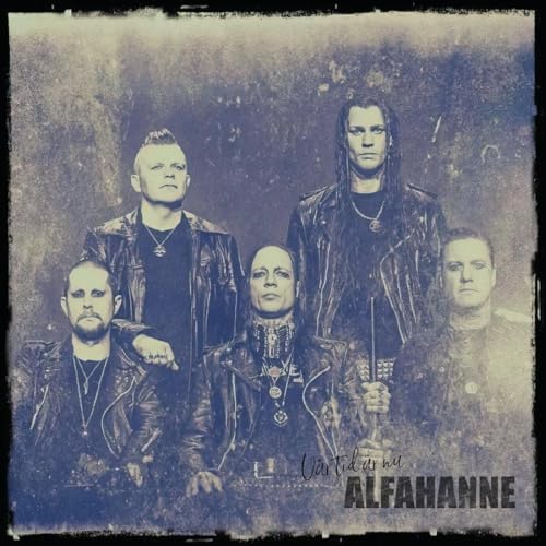 Alfahanne band portrait, five members in dark clothing, distressed effect.