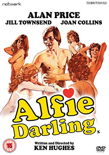 DVD cover for "Alfie Darling" featuring a man surrounded by topless women.