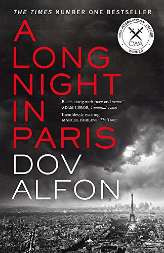 Book cover for A Long Night in Paris by Dov Alfon featuring the Eiffel Tower.