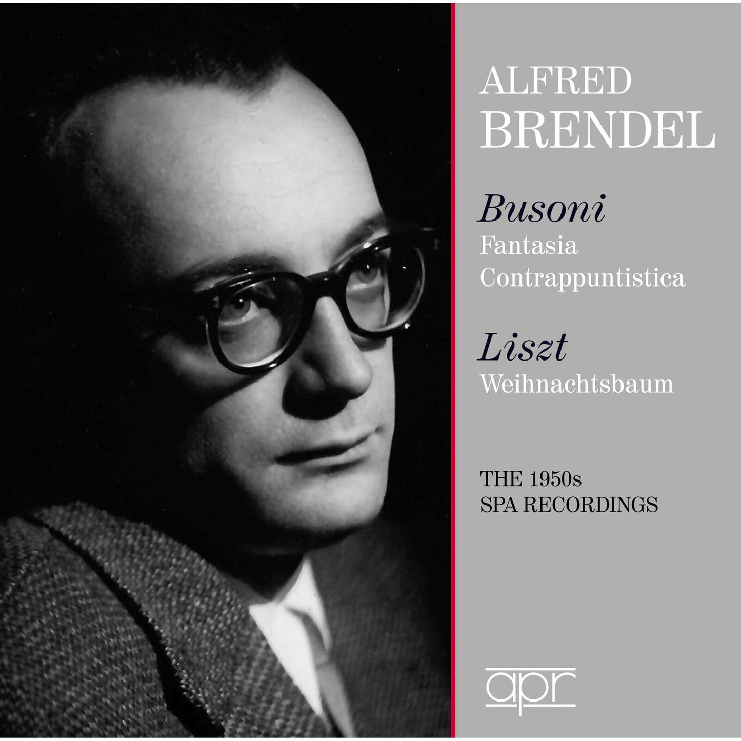 Alfred Brendel CD cover: black and white portrait, text listing composers.