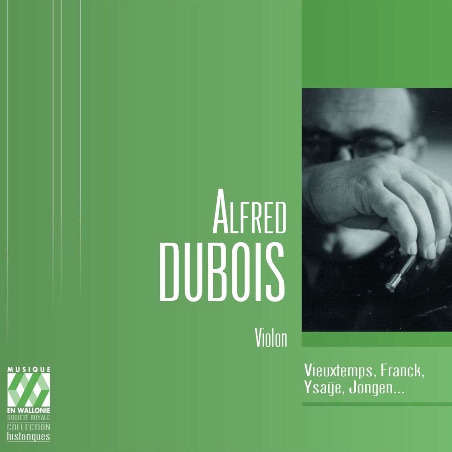 CD cover for Alfred Dubois’ “Violon” featuring a portrait and green background.