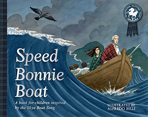 A small boat with people in plaid clothing sails across rough, dark blue ocean waves.
