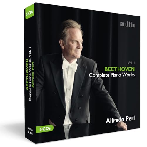 Alfredo Perl in a tuxedo on the cover of a Beethoven piano works CD box.