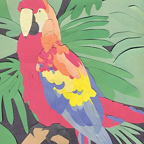 Colorful papercut illustration of a parrot perched among green leaves.