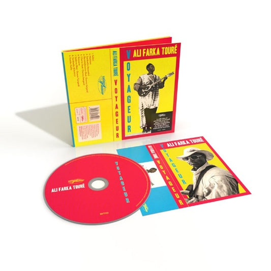 "CD case with red, yellow, and blue cover, featuring a man playing guitar."
