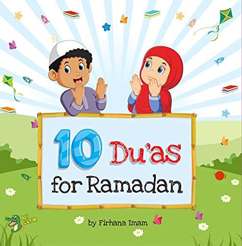 Book cover with illustrated children and text "10 Du'as for Ramadan".