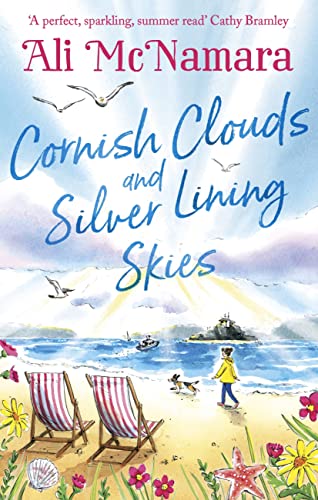 Book cover with beach scene, deck chairs, and the title "Cornish Clouds.