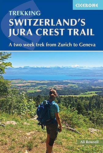 Trekking guide cover featuring a hiker overlooking a Swiss landscape.