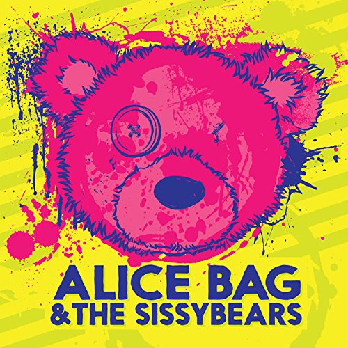 A pink teddy bear head with a button eye on a yellow background.