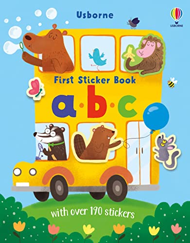 Yellow school bus with animal stickers and large “abc” letters.