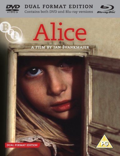 Blu-ray cover for Jan Švankmajer's Alice featuring a young girl peering through a doorway.