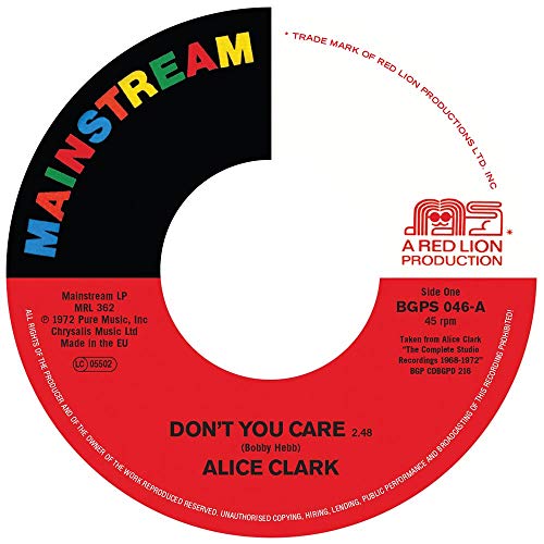 Red vinyl record label with black text: "Alice Clark - Don't You Care".
