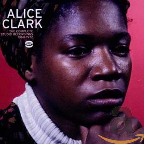 Close-up portrait of Alice Clark on a red album cover.
