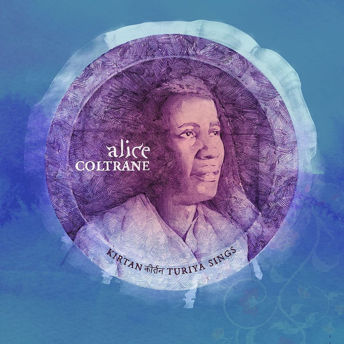 Purple-toned portrait of a woman in a circular frame on blue background with text.