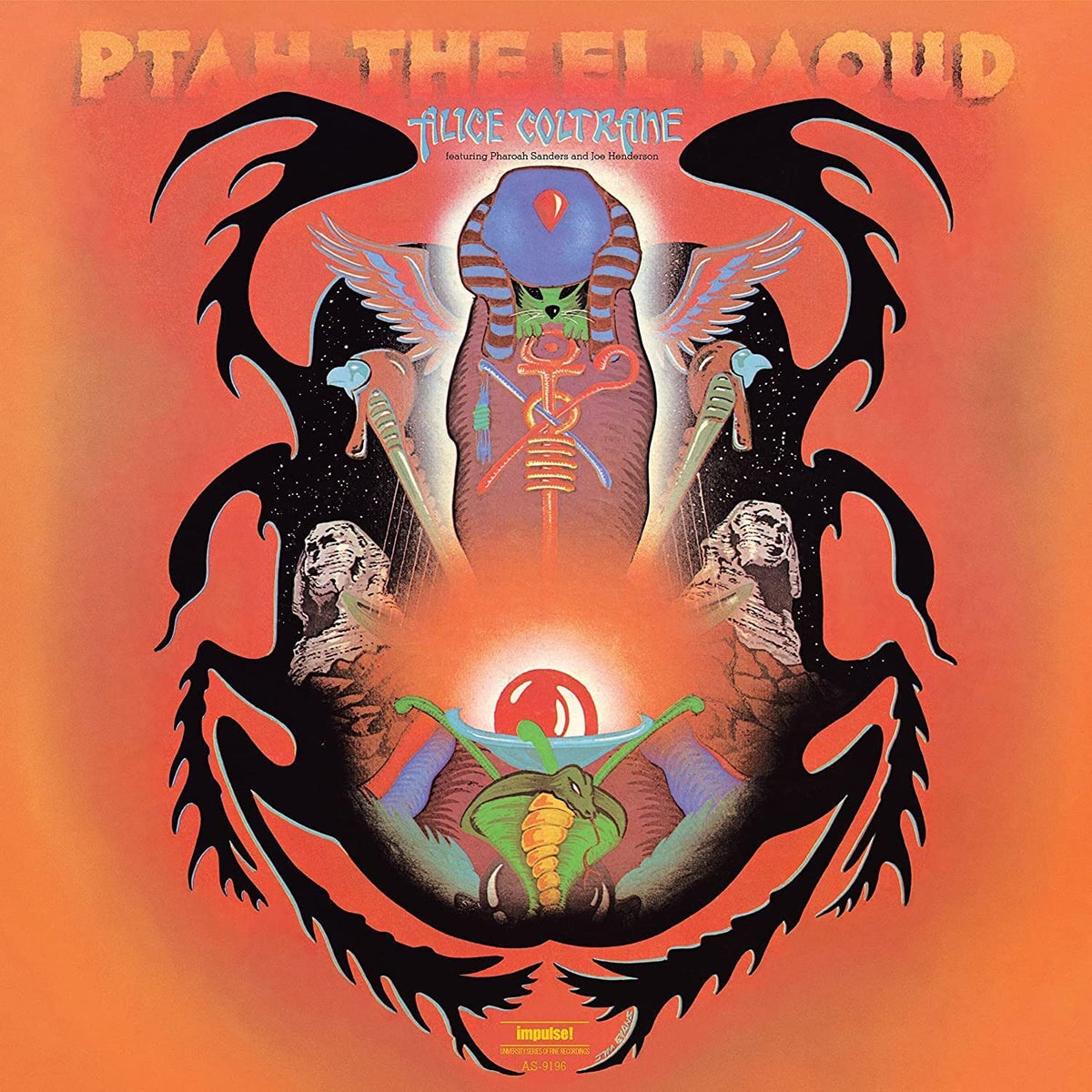 "Album cover with Egyptian-themed artwork, orange background, and central deity figure."