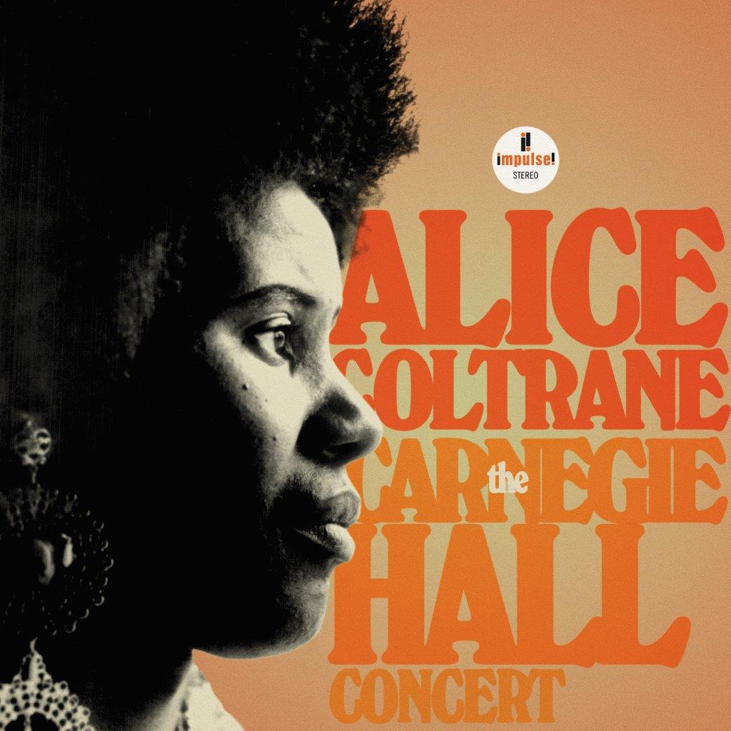 Alice Coltrane album cover, portrait with text on orange background.