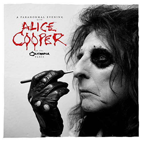 Alice Cooper vinyl album cover featuring a black-and-white image of his face with makeup.