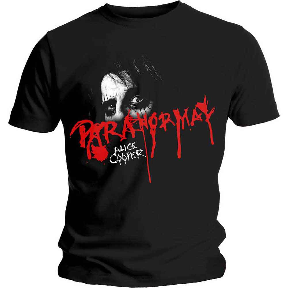Black t-shirt with a distressed image of a face and red text.