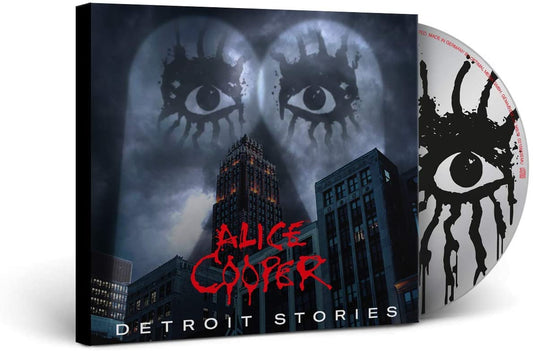 "Album cover with cityscape, glowing eyes, and 'Alice Cooper - Detroit Stories' in red and white text."