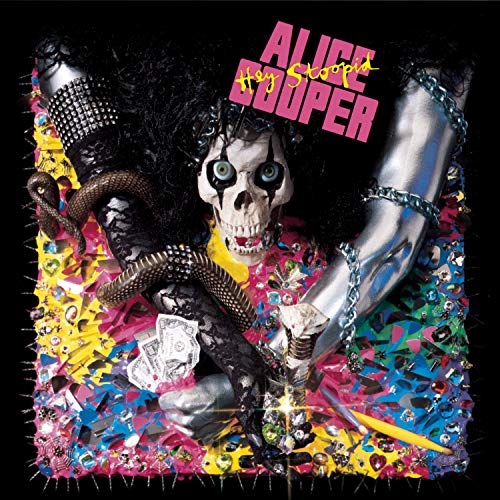 Alice Cooper album cover: skull with snake, surrounded by colorful debris.