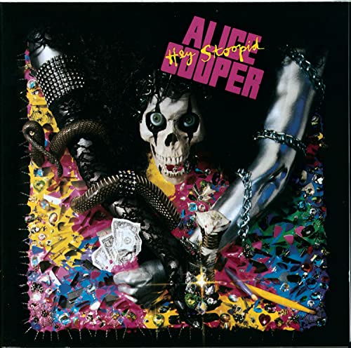Alice Cooper "Hey Stoopid" album cover: skull, snake, and colorful collage.