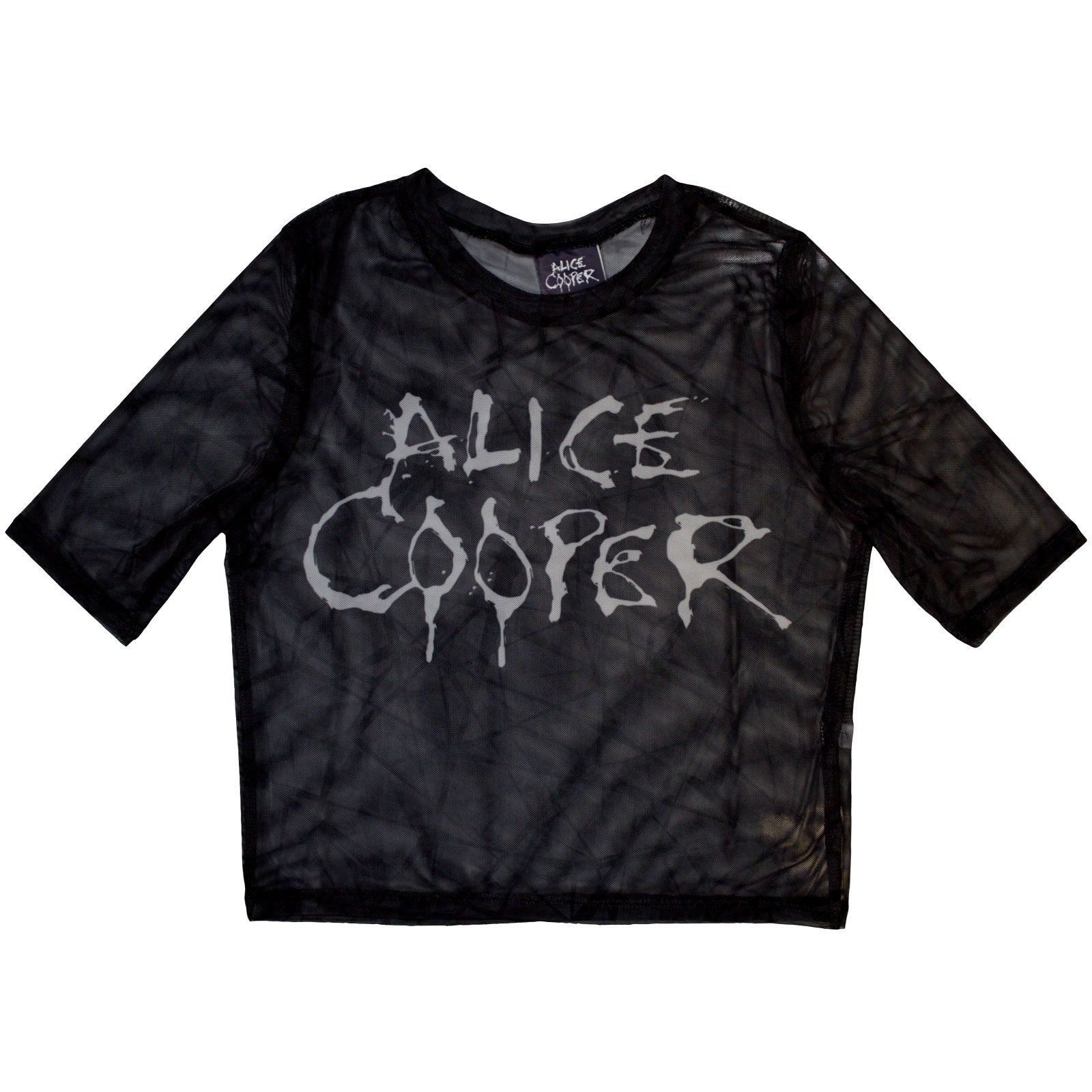 Black mesh crop top with dripping Alice Cooper logo, size small.