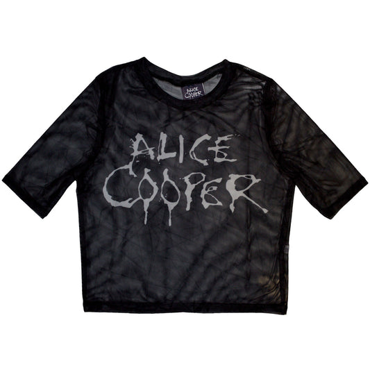 Black mesh crop top with dripping Alice Cooper logo, size small.