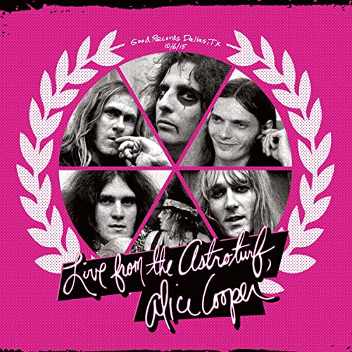 Pink album cover with white laurel wreath and five band member portraits.