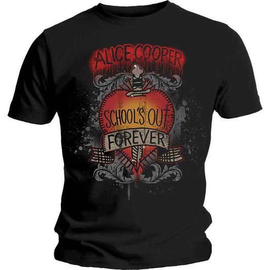 Black t-shirt with Alice Cooper “Schools Out” graphic of a dagger and heart.