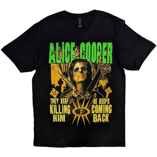 Black t-shirt featuring Alice Cooper with graveyard imagery and green text.